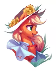 Size: 1214x1537 | Tagged: safe, artist:luciferamon, derpibooru import, applejack, pony, bust, chest fluff, cloak, clothes, cute, female, flower, hat, image, jackabetes, jpeg, mare, open mouth, portrait, profile, simple background, solo, white background