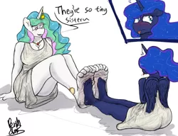 Size: 2917x2235 | Tagged: suggestive, artist:fetishsketches, derpibooru import, princess celestia, princess luna, anthro, barefoot, breasts, clothes, commission, cutie mark tattoo, dress, feet, female, fetish, foot fetish, footsies, image, png, size difference, tattoo