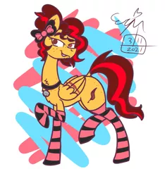 Size: 1121x1200 | Tagged: suggestive, artist:erenerakhard, derpibooru import, oc, oc:sunshine sketch, unofficial characters only, pegasus, pony, bell, bell collar, bow, butt freckles, clothes, collar, digital art, facial hair, female, freckles, goatee, hair bow, image, mare, neck fluff, png, smiling, smirk, socks, solo, striped socks