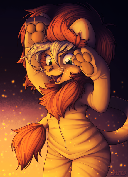 Size: 3200x4400 | Tagged: safe, artist:ohemo, derpibooru import, applejack, big cat, earth pony, lion, animal costume, applelion, clothes, costume, halloween, halloween costume, holiday, image, looking at you, open mouth, png, rawr