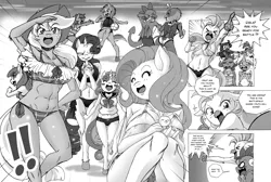 Size: 2235x1500 | Tagged: suggestive, artist:boastudio, derpibooru import, angel bunny, apple bloom, applejack, fluttershy, gabby, ocellus, rainbow dash, rarity, sandbar, scootaloo, silverstream, smolder, spike, sweetie belle, yona, anthro, changedling, changeling, dragon, earth pony, gryphon, unguligrade anthro, unicorn, yak, comic:hooves & fins, abs, absolute cleavage, angry, applejack's hat, beach, beach ball, big breasts, bikini, blushing, bocas top, breasts, busty applejack, busty fluttershy, busty rarity, busty silverstream, busty yona, cleavage, clothes, comic, cowboy hat, cutie mark crusaders, exclamation point, eyes closed, female, freckles, frilled swimsuit, grayscale, hat, image, jealous rarity, male, monochrome, ocean, one-piece swimsuit, open mouth, partial nudity, png, shipping, spabby, speech bubble, straight, swimsuit, topless, underboob, wall of tags