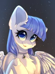 Size: 2048x2732 | Tagged: safe, artist:alphadesu, derpibooru import, oc, oc:snow pup, unofficial characters only, pegasus, pony, bust, collar, ear fluff, image, lifted leg, looking at you, pegasus oc, pet tag, png, portrait, simple background, smiling, spread wings, wings