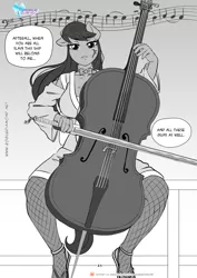 Size: 1200x1697 | Tagged: safe, artist:pia-sama, derpibooru import, octavia melody, anthro, earth pony, pony, comic:rogue diamond, bedroom eyes, bow (instrument), bowtie, breasts, busty octavia, cello, cello bow, clothes, female, fishnet pantyhose, fishnets, image, looking at you, mare, musical instrument, png, robe, sandals, socks, stockings, sword, thigh highs, weapon