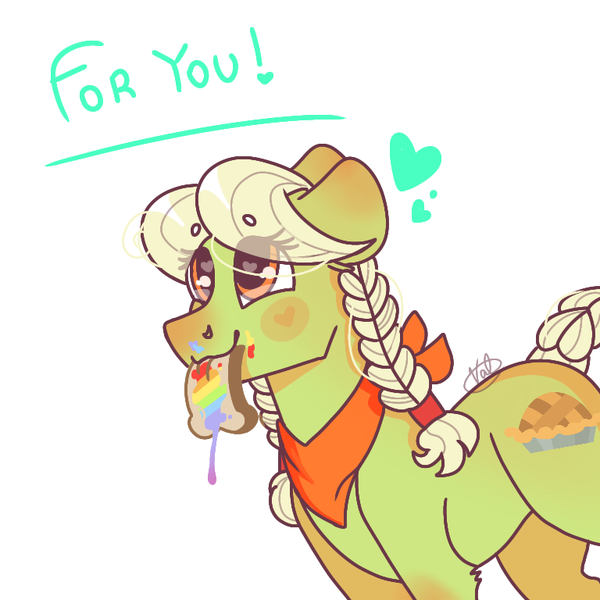 Size: 768x768 | Tagged: safe, artist:valkiria, derpibooru import, granny smith, earth pony, pony, adorasmith, apple, bread, cute, derpibooru exclusive, female, food, for you, heart, image, jam, mare, png, simple background, white background, young granny smith, younger, zap apple, zap apple jam