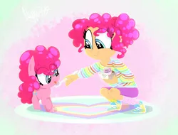 Size: 1770x1345 | Tagged: safe, artist:siggie740, derpibooru import, pinkie pie, earth pony, human, pony, :p, child, cute, diapinkes, feeding, female, filly, filly pinkie pie, food, human ponidox, humanized, ice cream, image, pigtails, png, self ponidox, tongue out, younger