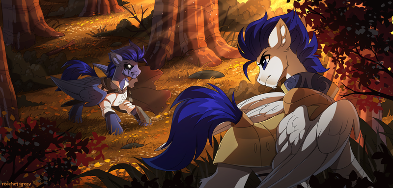 Size: 3000x1437 | Tagged: safe, artist:redchetgreen, derpibooru import, oc, unofficial characters only, pegasus, pony, clothes, crepuscular rays, duo, enemy, forest, glowing eyes, high res, image, male, pegasus oc, png, smiling, stallion, sword, tree, weapon, wings