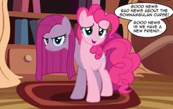 Size: 3511x2215 | Tagged: safe, artist:badumsquish, derpibooru import, pinkie pie, monster pony, original species, pony, aftermath, angry, annoyed, conjoined, curse, cursed, derpibooru exclusive, dialogue, female, frown, glare, golden oaks library, image, implied twilight sparkle, library, multiple heads, multiple tails, offscreen character, open mouth, pinkamena diane pie, png, raised eyebrow, self ponidox, somnambulan curse, species swap, speech bubble, talking to viewer, transformation, two heads, two-tone coat, unamused, window