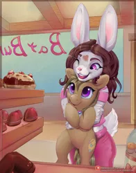 Size: 2200x2800 | Tagged: safe, artist:viwrastupr, derpibooru import, oc, oc:dawnsong, oc:lindli, unofficial characters only, anthro, earth pony, pony, rabbit, animal, bakery, clothes, cutie mark, digital art, female, furry, furry oc, hooves, image, lifting, one eye closed, open mouth, pants, png, shirt