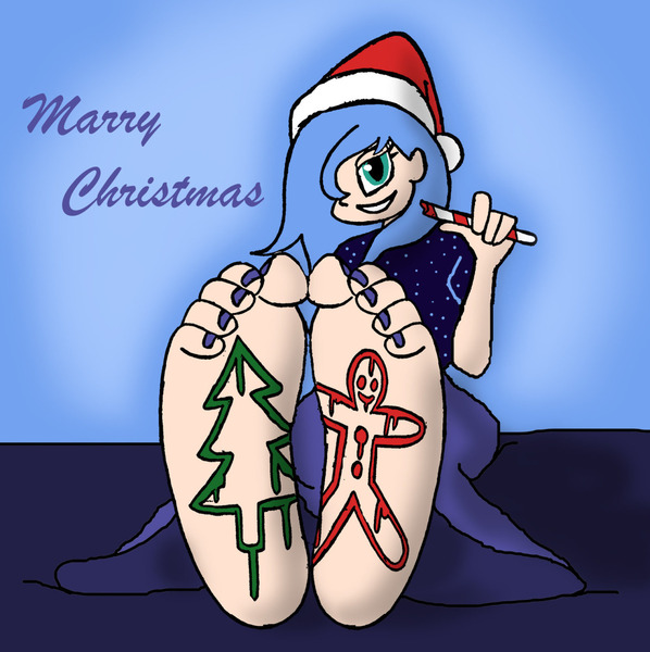 Size: 1280x1285 | Tagged: safe, artist:skullmandan, derpibooru import, princess luna, human, barefoot, christmas, feet, female, fetish, foot fetish, hat, holiday, humanized, image, jpeg, looking at you, santa hat, soles, solo, toes