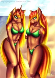 Size: 904x1280 | Tagged: suggestive, artist:jengaleia, derpibooru import, oc, oc:flare firestorm, unofficial characters only, anthro, earth pony, unguligrade anthro, unicorn, alternative cutie mark placement, arm behind back, beach, belly button, bikini, breasts, clothes, digital art, duo, duo female, female, horn, image, jpeg, looking at you, muscles, muscular female, ocean, pose, sand, siblings, sisters, sky, swimsuit, tail, thighs, wide hips, wings