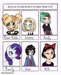 Size: 735x900 | Tagged: safe, artist:_tamanko_, derpibooru import, rarity, human, pony, unicorn, six fanarts, amity blight, big hero 6, bow, bust, clothes, crossover, female, grin, hair bow, image, jpeg, lenore the cute little dead girl, mare, one eye closed, smiling, the owl house, wink