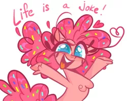 Size: 747x594 | Tagged: safe, artist:switchsugar, derpibooru import, pinkie pie, earth pony, pony, my little pony: pony life, colored pupils, dissonant caption, hooves in air, image, open mouth, png, simple background, smiling, solo, subversive kawaii, text, white background