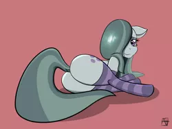 Size: 2290x1718 | Tagged: suggestive, artist:naen, derpibooru import, marble pie, earth pony, pony, butt, clothes, cute, female, image, lying down, marblebutt, mare, png, simple background, socks, solo, striped socks