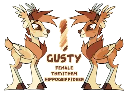 Size: 2000x1500 | Tagged: safe, artist:renhorse, derpibooru import, oc, oc:gusty, deer, deer pony, hippogriff, hybrid, original species, peryton, female, image, png, reference sheet, simple background, solo, transparent background