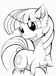 Size: 3429x4710 | Tagged: safe, artist:itchystomach, derpibooru import, twilight sparkle, unicorn, black and white, grayscale, happy, image, jpeg, lineart, monochrome, sharpie, solo, traditional art