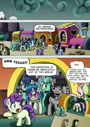 Size: 2408x3400 | Tagged: safe, artist:tarkron, author:bigonionbean, derpibooru import, bon bon, lyra heartstrings, octavia melody, sweetie drops, vinyl scratch, earth pony, pony, unicorn, comic:fusing the fusions, comic:time of the fusions, background pony, blank flank, boxes, clock, clothes, comic, commissioner:bigonionbean, conductor, cutie mark, dialogue, female, filly, glasses, image, male, mare, mother and child, mother and daughter, png, pushing, random pony, stallion, storm, train, train station, tugging, whistle