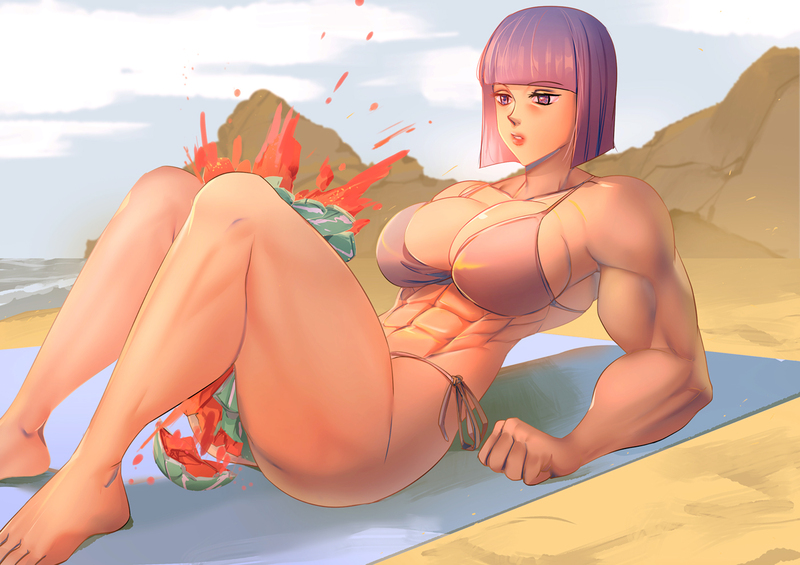 Size: 1400x989 | Tagged: suggestive, artist:bakki, derpibooru import, maud pie, human, abs, barefoot, breasts, busty maud pie, feet, female, food, humanized, image, jpeg, maud pump, muscles, muscular female, thighs, thunder thighs, watermelon, watermelon crush