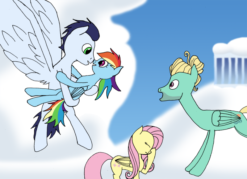 Size: 1486x1080 | Tagged: safe, artist:soks777, derpibooru import, fluttershy, rainbow dash, soarin', zephyr breeze, cloudsdale, facehoof, female, holding, image, male, png, shipping, soarindash, straight