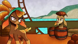 Size: 2048x1170 | Tagged: safe, artist:ash of the leander, derpibooru import, goat, them's fightin' herds, barrel, cannonball, community related, image, jpeg, pirate ship, red nosed, shanty (tfh), ship, the capricorn (tfh), treasure chest