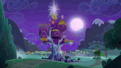 Size: 1280x720 | Tagged: safe, derpibooru import, screencap, to where and back again, background, image, moon, night, no pony, png, ponyville, ponyville town hall, scenic ponyville, trixie's wagon, twilight's castle