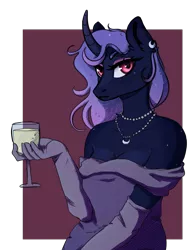 Size: 4840x6400 | Tagged: safe, artist:isorrayi, derpibooru import, oc, anthro, pony, unicorn, alcohol, beautiful, champagne, champagne glass, charming, classy, clothes, curved horn, dress, elegant, evening gloves, female, glass, gloves, horn, image, jewelry, long gloves, long hair, mare, necklace, palindrome get, pearl necklace, png, purple hair, solo, wine