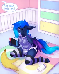 Size: 1047x1300 | Tagged: suggestive, artist:strawberryneko, derpibooru import, oc, anthro, bat pony, unguligrade anthro, abdl, adult foal, baby bottle, breasts, clothes, diaper, diaper fetish, fetish, image, nintendo switch, onesie, pacifier, playmat, png, socks, striped socks, thigh highs