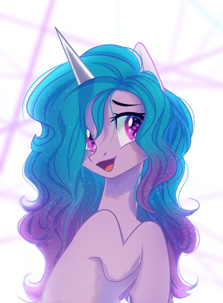 Size: 1398x1900 | Tagged: safe, artist:maybeweed, derpibooru import, izzy moonbow, pony, unicorn, cute, female, g5, image, izzybetes, jpeg, mare, open mouth, raised hoof, solo