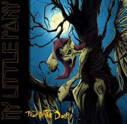 Size: 3241x3160 | Tagged: safe, artist:mixdaponies, derpibooru import, fluttershy, album cover, dead tree, fear of the dark, female, fluttertree, fused, heavy metal, image, iron maiden, jpeg, mare in the moon, moon, parody, tree
