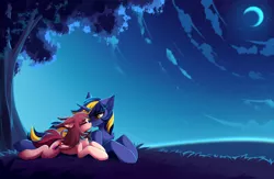 Size: 7222x4700 | Tagged: source needed, safe, artist:airiniblock, derpibooru import, oc, oc:airi, oc:vajr, unofficial characters only, bat pony, pony, unicorn, aijr, cloud, image, moon, night, png, rcf community, shipping, tree