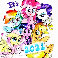 Size: 2291x2322 | Tagged: safe, artist:liaaqila, derpibooru import, applejack, fluttershy, pinkie pie, rainbow dash, rarity, twilight sparkle, twilight sparkle (alicorn), alicorn, butterfly, earth pony, insect, pegasus, pony, unicorn, 2021, cowboy hat, cute, female, hat, heart, image, jpeg, mane six, mare, marker drawing, new year, simple background, traditional art, white background
