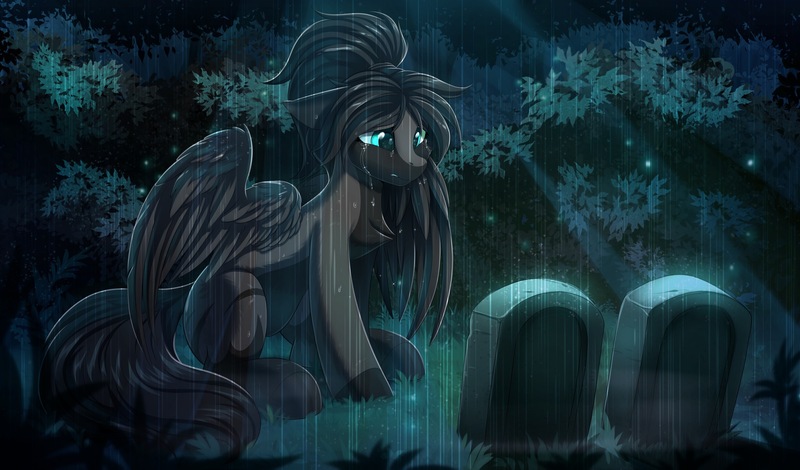 Size: 2612x1535 | Tagged: safe, artist:ask-colorsound, derpibooru import, oc, oc:rhea, crying, depressing, gravestone, image, jpeg, rain, sad, tears of pain, this will end in tears