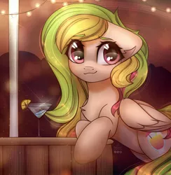 Size: 2220x2271 | Tagged: safe, artist:reterica, derpibooru import, oc, oc:fruity extra, unofficial characters only, pegasus, pony, chest fluff, cocktail, cocktail glass, commission, eye clipping through hair, eyebrows visible through hair, female, food, high res, image, jpeg, lemon, mare, smiling, solo, string lights, ych result
