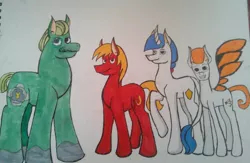 Size: 720x468 | Tagged: safe, artist:flame_heart_98, derpibooru import, ponified, earth pony, pegasus, pony, unicorn, colored, grin, image, jpeg, male, raised hoof, smiling, stallion, traditional art, transformers, unshorn fetlocks