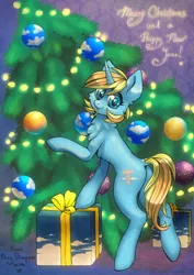 Size: 1414x2000 | Tagged: safe, artist:pony straponi, derpibooru import, oc, oc:skydreams, unofficial characters only, pony, unicorn, christmas, christmas lights, christmas tree, commission, holiday, horn, image, jpeg, mouth hold, present, solo, tree, unicorn oc, ych result