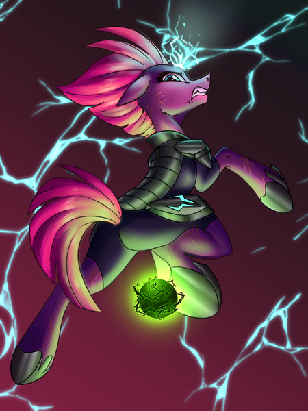 Size: 3000x4000 | Tagged: safe, artist:faline-art, derpibooru import, tempest shadow, pony, unicorn, my little pony: the movie, armor, broken horn, female, horn, image, mare, png, sparking horn