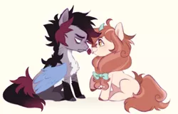 Size: 2394x1536 | Tagged: safe, artist:pandemiamichi, derpibooru import, oc, oc:ares, oc:kore, unofficial characters only, hybrid, pegasus, pony, unicorn, chibi, female, flower, flower in mouth, image, interspecies offspring, kirin pony hybrid, magical lesbian spawn, male, mare, mouth hold, offspring, parent:applejack, parent:autumn blaze, parent:discord, parent:rarity, parents:autumnjack, parents:raricord, png, simple background, stallion, tongue out, white background