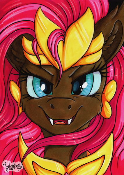 Size: 3453x4869 | Tagged: safe, alternate version, artist:julunis14, derpibooru import, fluttershy, pegasus, pony, alternate hairstyle, armor, bust, cheek fluff, ear fluff, fangs, gameloft interpretation, image, nightmare fluttershy, nightmarified, png, portrait, signature, solo, traditional art