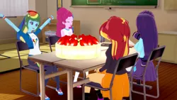 Size: 1280x720 | Tagged: safe, artist:csxz, derpibooru import, pinkie pie, rainbow dash, rarity, sunset shimmer, human, equestria girls, 3d, birthday, birthday cake, cake, food, heart eyes, image, koikatsu, mmd, png, rainbow dash day, wingding eyes