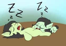 Size: 1414x1000 | Tagged: safe, artist:happy harvey, derpibooru import, oc, oc:anonfilly, unofficial characters only, earth pony, pony, drawn on phone, female, filly, head between legs, image, implied lesbian, onomatopoeia, open mouth, png, sleeping, snoring, sound effects, tongue out, zzz