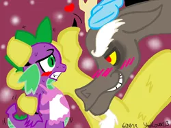 Size: 2048x1536 | Tagged: safe, artist:artmama113, derpibooru import, discord, spike, draconequus, dragon, apron, blushing, clothes, dispike, gay, grin, heart, image, jpeg, looking at each other, male, naked apron, shipping, signature, smiling, sweat