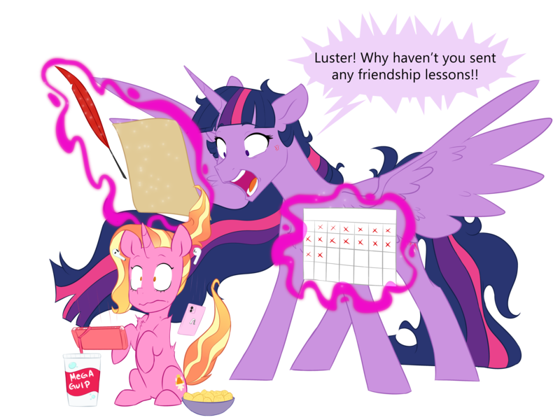 Size: 6000x4500 | Tagged: safe, artist:chub-wub, derpibooru import, luster dawn, princess twilight 2.0, twilight sparkle, twilight sparkle (alicorn), alicorn, pony, unicorn, lesson zero, the last problem, airpods, bowl, chips, cross-popping veins, drink, duo, feather, female, food, friendship lesson, friendship report, glowing horn, here we go again, history repeats itself, horn, image, iphone, levitation, magic, mare, messy mane, millennial luster dawn, mobile phone, nintendo, nintendo switch, older, older twilight, open mouth, panicking, paper, phone, png, quill, raised hoof, simple background, sitting, smartphone, soda, stressed, telekinesis, this will end in detention, transparent background, twilighting