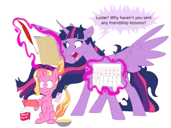 Size: 6000x4500 | Tagged: safe, artist:chub-wub, derpibooru import, luster dawn, princess twilight 2.0, twilight sparkle, twilight sparkle (alicorn), alicorn, pony, unicorn, lesson zero, the last problem, airpods, bowl, chips, cross-popping veins, drink, duo, feather, female, food, friendship lesson, friendship report, glowing horn, here we go again, history repeats itself, horn, image, iphone, levitation, magic, mare, messy mane, millennial luster dawn, mobile phone, nintendo, nintendo switch, older, older twilight, open mouth, panicking, paper, phone, png, quill, raised hoof, simple background, sitting, smartphone, soda, stressed, telekinesis, this will end in detention, transparent background, twilighting