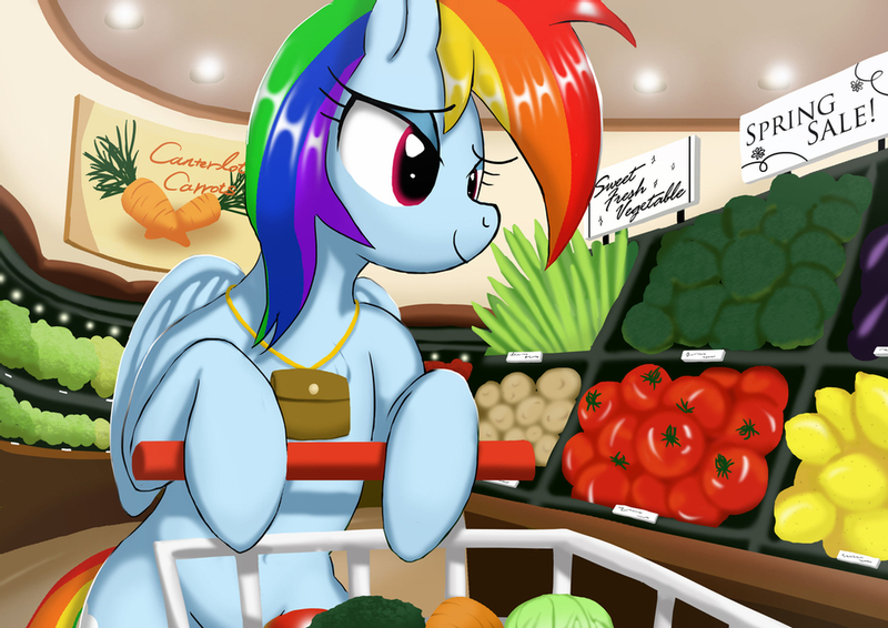 Size: 1024x724 | Tagged: safe, artist:neoshrek, derpibooru import, rainbow dash, pegasus, pony, belly button, bipedal, bipedal leaning, broccoli, carrot, celery, chest fluff, cute, dashabetes, eggplant, female, food, grocery store, herbivore, image, jpeg, leaning, lemon, potato, shopping, shopping cart, solo, tomato, vegetables