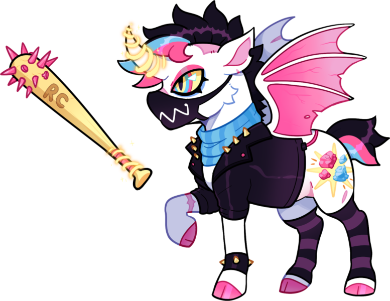 Size: 833x643 | Tagged: safe, alternate version, artist:lastnight-light, derpibooru import, oc, oc:rock candy, alicorn, bat pony, bat pony alicorn, pony, bat wings, bracelet, clothes, female, horn, image, jacket, leather jacket, mare, mask, nail bat, png, simple background, socks, solo, spiked wristband, striped socks, transparent background, wings, wristband