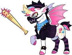 Size: 833x643 | Tagged: safe, alternate version, artist:lastnight-light, derpibooru import, oc, oc:rock candy, alicorn, bat pony, bat pony alicorn, pony, bat wings, bracelet, clothes, female, horn, image, jacket, leather jacket, mare, mask, nail bat, png, simple background, socks, solo, spiked wristband, striped socks, transparent background, wings, wristband