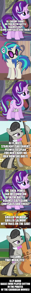 Size: 500x4632 | Tagged: safe, derpibooru import, edit, edited screencap, screencap, octavia melody, peewee, starlight glimmer, vinyl scratch, pony, unicorn, bipedal, comic, female, glassses, headphones, image, implied cozy glow, implied lord tirek, implied queen chrysalis, in memoriam, pirates of the caribbean, png, rest in peace, screencap comic, solo, vinyl glasses