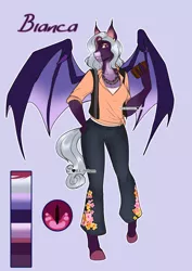 Size: 2865x4051 | Tagged: safe, artist:blackblood-queen, derpibooru import, oc, oc:bianca, unofficial characters only, anthro, bat pony, pony, unguligrade anthro, anthro oc, bat pony oc, bat wings, clothes, digital art, ear piercing, fangs, female, hand on hip, image, mare, pants, pickpocketing, piercing, png, reference sheet, shirt, slit eyes, stealing, thief, wallet, wings