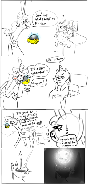 Size: 3209x6742 | Tagged: safe, artist:alumx, derpibooru import, princess celestia, princess luna, alicorn, pony, anus, butt, canterlot, comic, computer, demon core, dialogue, explosion, female, hand, image, magic, magic hands, mare, monochrome, neo noir, nuclear explosion, nudity, partial color, plot, plutonium, png, radioactive, simplistic anus, this ended in explosions, thought bubble