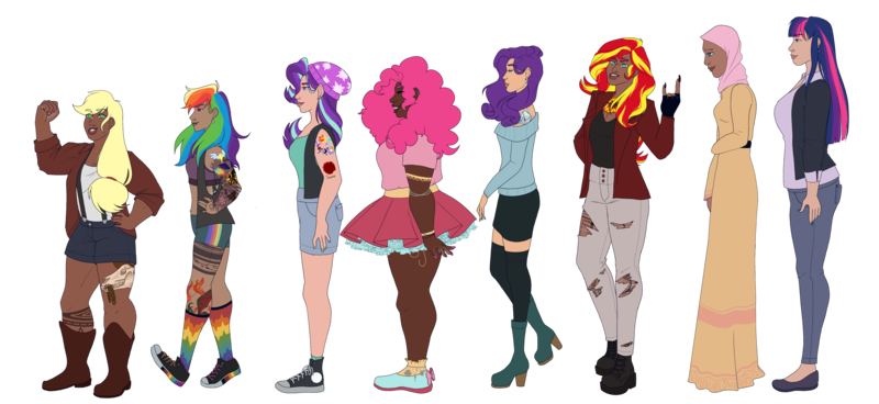 Size: 4621x2128 | Tagged: safe, artist:blacksky1113, derpibooru import, applejack, fluttershy, pinkie pie, rainbow dash, rarity, starlight glimmer, sunset shimmer, twilight sparkle, human, alternate hairstyle, applejack's hat, beanie, bedroom eyes, belly button, bellyring, belt, boots, bra, bracelet, bra strap, breasts, cardigan, chubby, clothes, commission, converse, cowboy boots, cowboy hat, dark skin, dress, ear piercing, earring, eyebrow piercing, female, fingerless gloves, flats, gloves, grin, hat, headcanon, high heel boots, hijab, humanized, image, islam, islamashy, jacket, jeans, jewelry, leather jacket, lip piercing, mane six, midriff, nail polish, nose piercing, pants, piercing, png, rainbow socks, religion, shirt, shoes, shorts, simple background, size difference, skirt, smiling, snake bites, sneakers, socks, sports bra, sports shorts, stockings, striped socks, suspenders, sweater, tanktop, tattoo, thigh highs, tongue piercing, torn clothes, transparent background, t-shirt, underwear, wristband