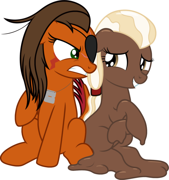 Size: 1418x1507 | Tagged: safe, artist:badumsquish, derpibooru import, oc, oc:chocolate medley, oc:rustback, unofficial characters only, goo, goo pony, monster pony, original species, tatzlpony, derpibooru community collaboration, 2021 community collab, angry, bashful, chocolate, derpibooru exclusive, dog tags, duo, eyepatch, food, glare, grin, gritted teeth, image, looking at you, male, melting, nervous, nervous grin, png, ponytail, raised hoof, rule 63, scar, scared, shiny, side by side, simple background, sitting, smiling, transformation, transgender transformation, transparent background